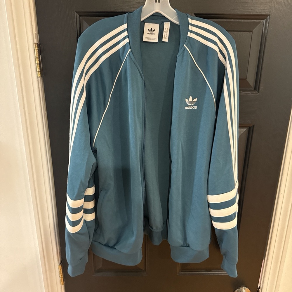 Adidas Men's Teal Bomber Jacket with White Stripes